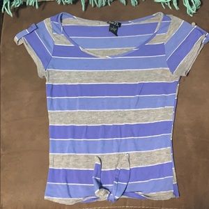 Purple and grey striped fitted shirt w/ front tie